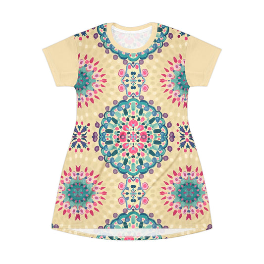 Boho Floral Mandala T-Shirt Dress — Colorful All-Over Print Summer Dress