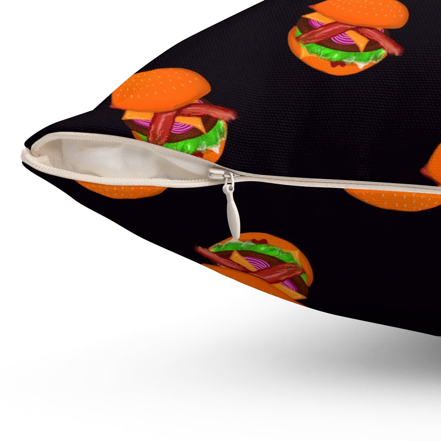 Burger Pattern Pillow — Decorative Square Throw Pillow with Retro Cheeseburger Print
