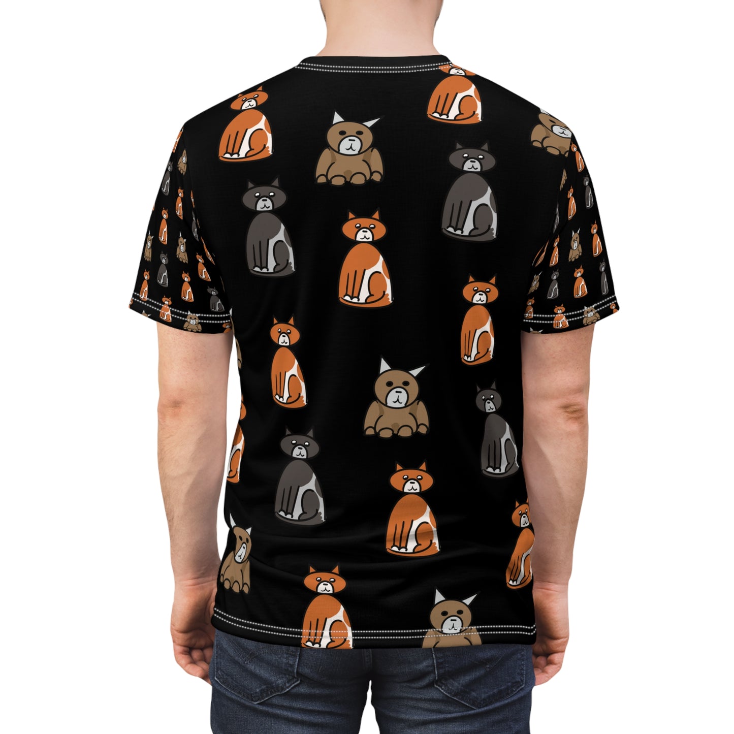 Black Cat Pattern Cut & Sew Tee — Cute Orange & Gray Cat All-Over Print