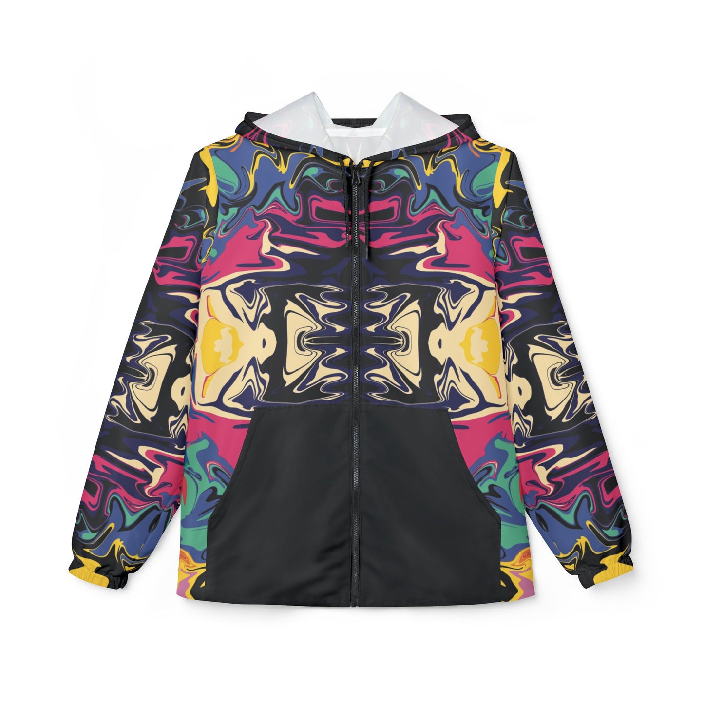Psychedelic Kaleidoscope Windbreaker Jacket — Bold Abstract Pattern with Black Pockets