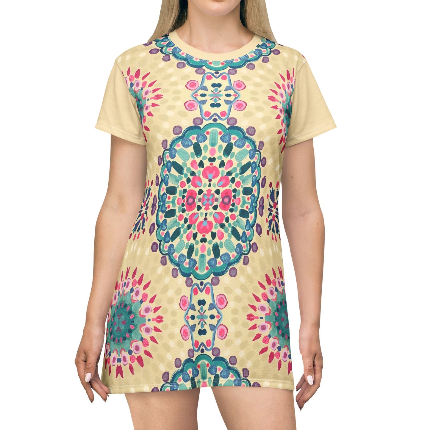 Boho Floral Mandala T-Shirt Dress — Colorful All-Over Print Summer Dress