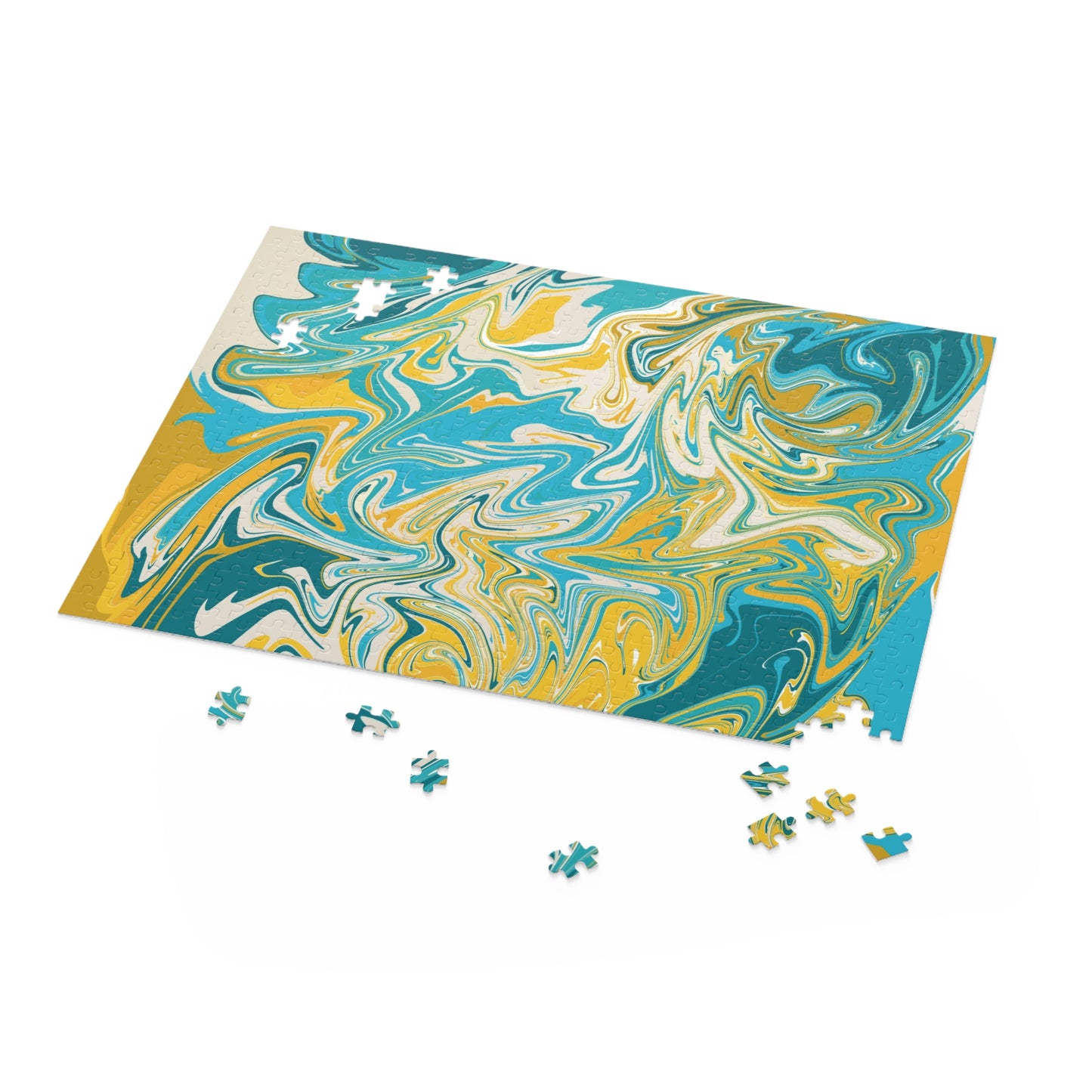 Marbled Aqua & Gold Jigsaw Puzzle — Abstract Swirl Art Puzzle - 120/252/500 pcs