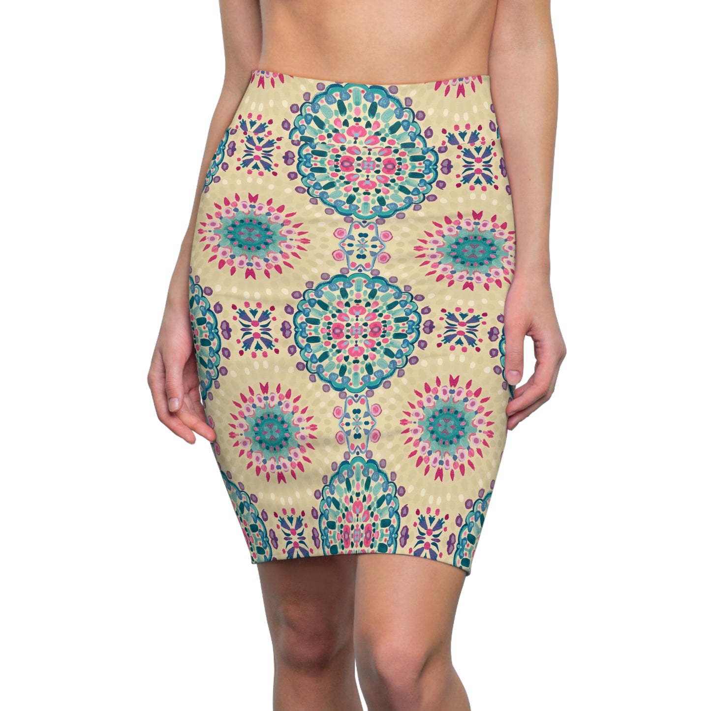 Boho Mosaic Pencil Skirt — Floral Medallion Print