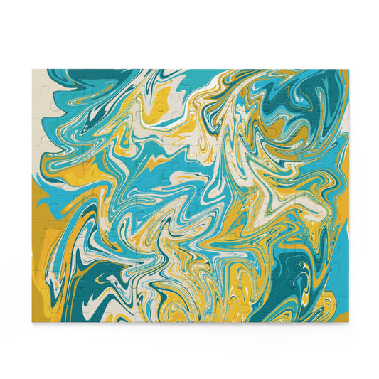 Marbled Aqua & Gold Jigsaw Puzzle — Abstract Swirl Art Puzzle - 120/252/500 pcs