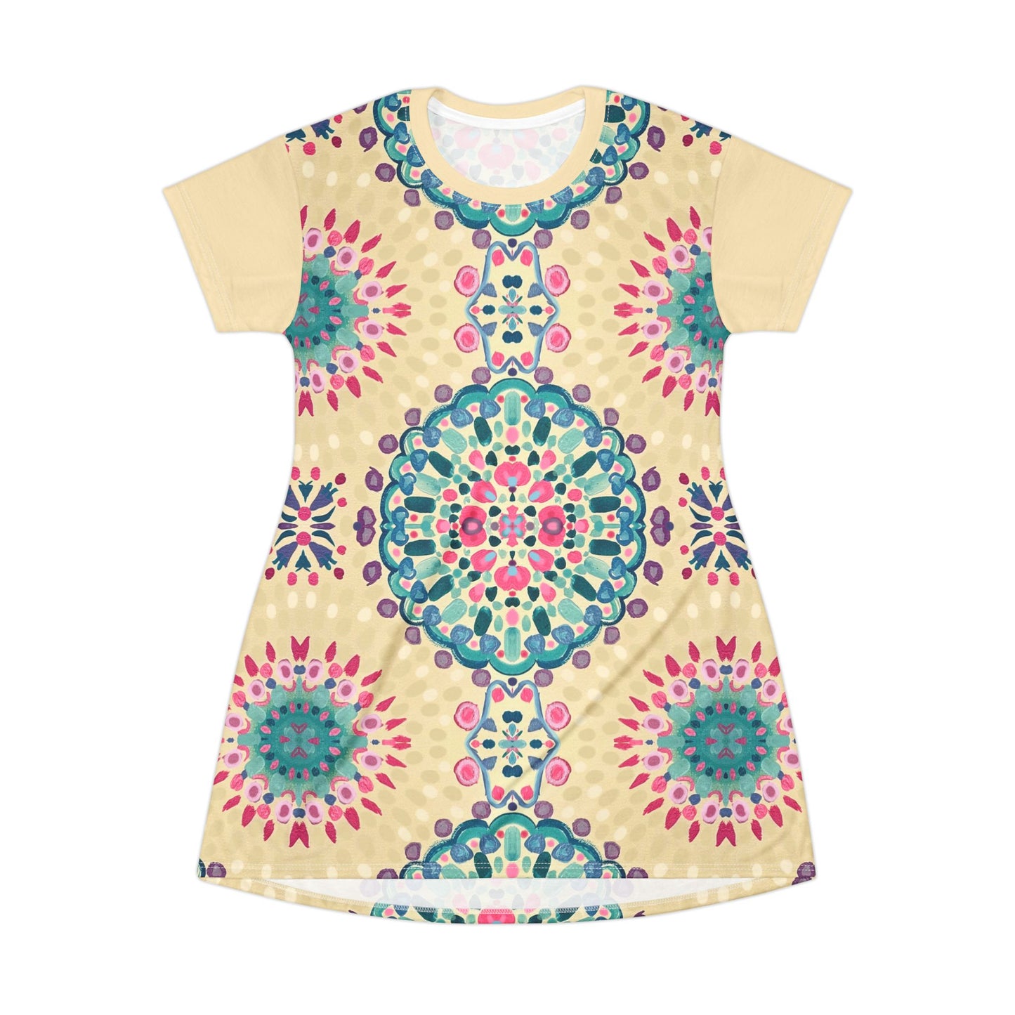 Boho Floral Mandala T-Shirt Dress — Colorful All-Over Print Summer Dress