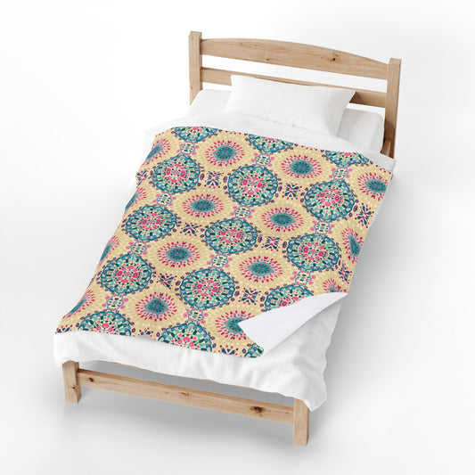 Boho Medallion Velveteen Plush Blanket – Soft Floral Mandala Throw