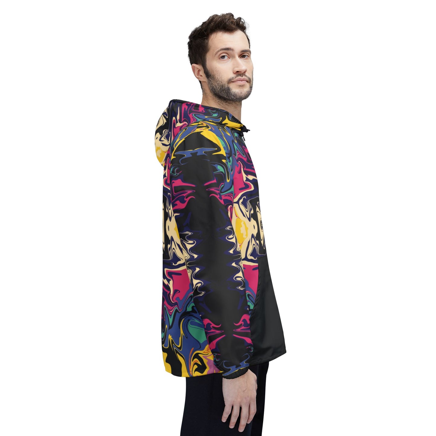 Psychedelic Kaleidoscope Windbreaker Jacket — Bold Abstract Pattern with Black Pockets
