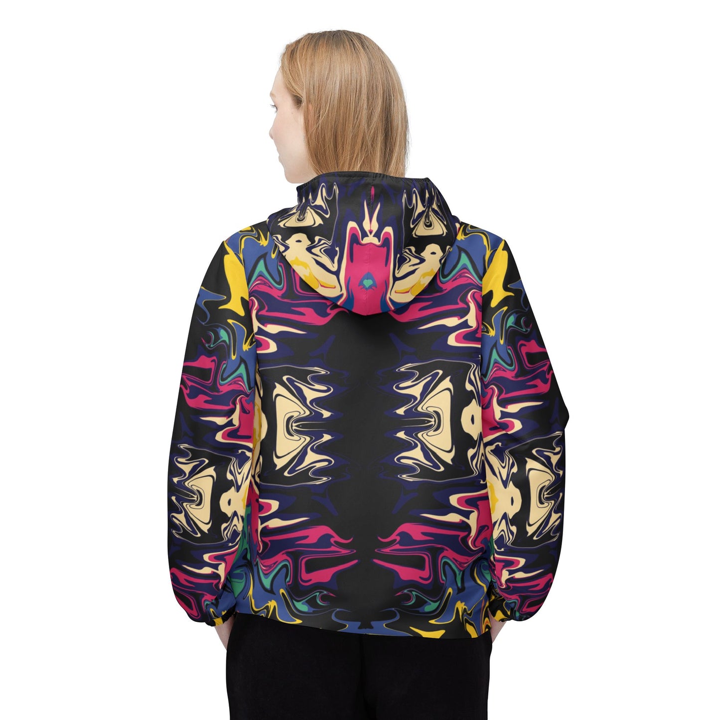 Psychedelic Kaleidoscope Windbreaker Jacket — Bold Abstract Pattern with Black Pockets