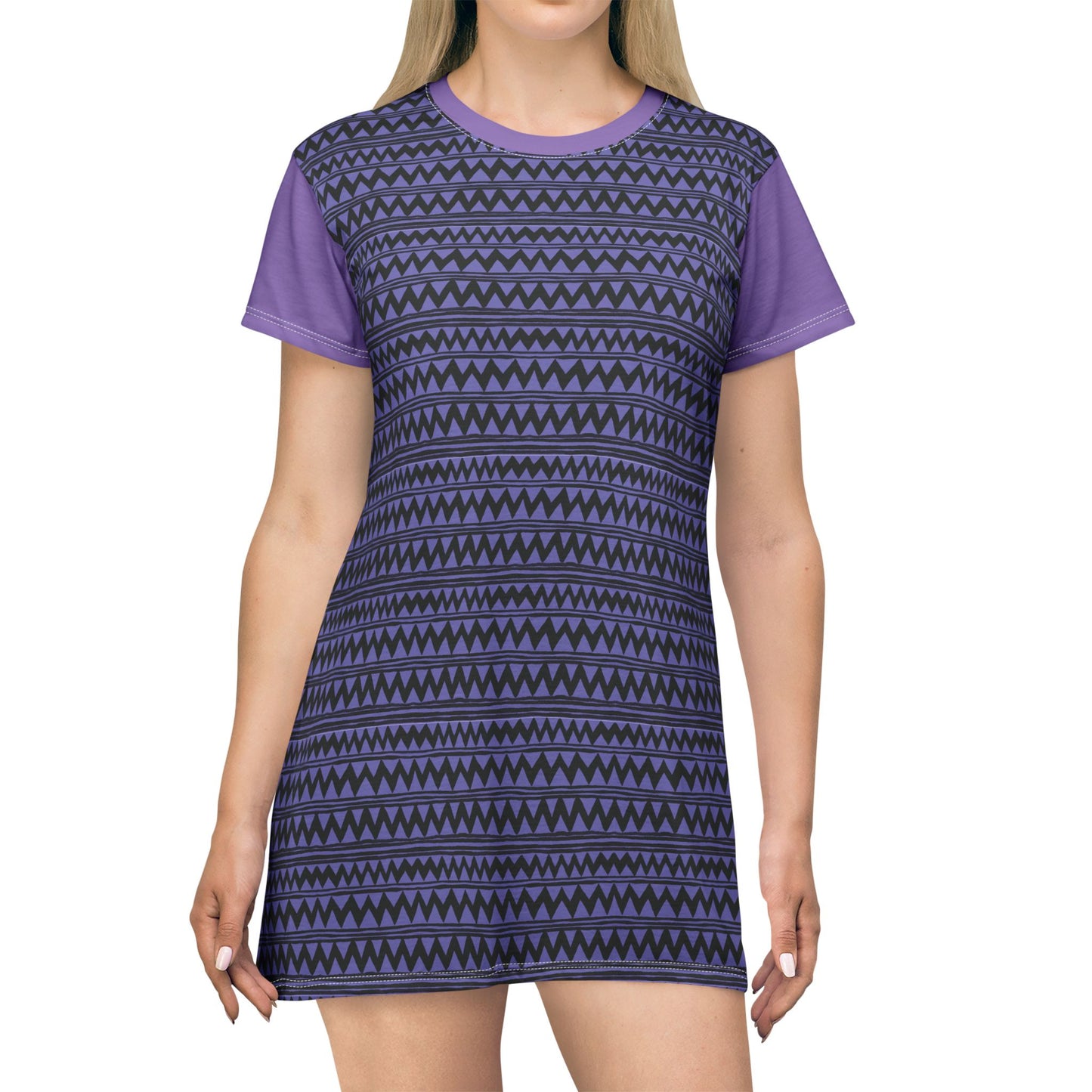 Purple Tribal Stripe T-Shirt Dress — Geometric AOP Casual Dress
