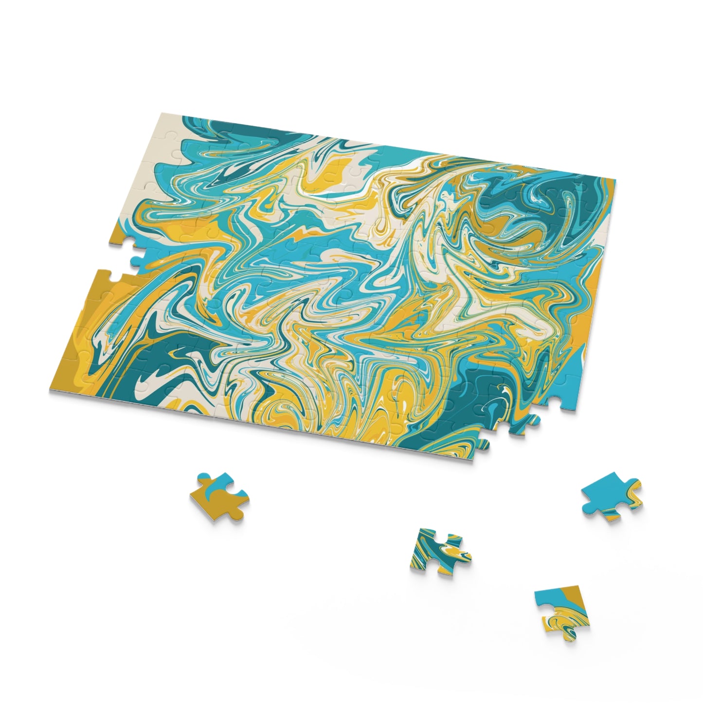 Marbled Aqua & Gold Jigsaw Puzzle — Abstract Swirl Art Puzzle - 120/252/500 pcs