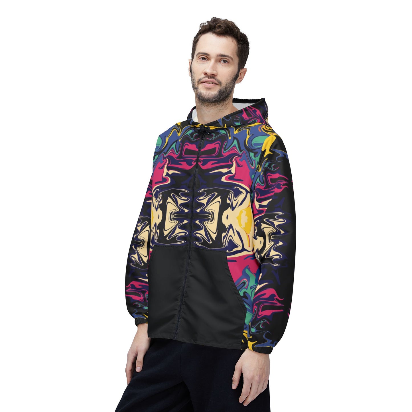 Psychedelic Kaleidoscope Windbreaker Jacket — Bold Abstract Pattern with Black Pockets