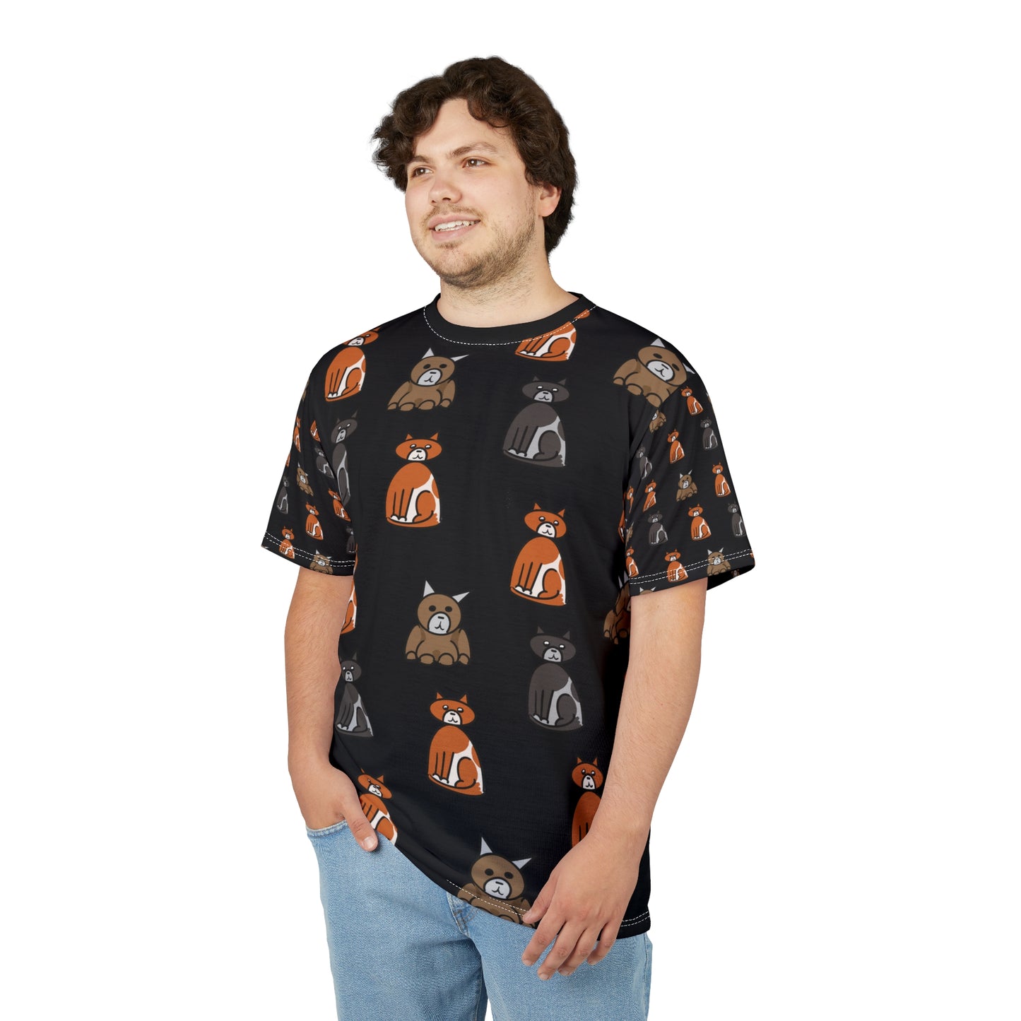 Black Cat Pattern Cut & Sew Tee — Cute Orange & Gray Cat All-Over Print