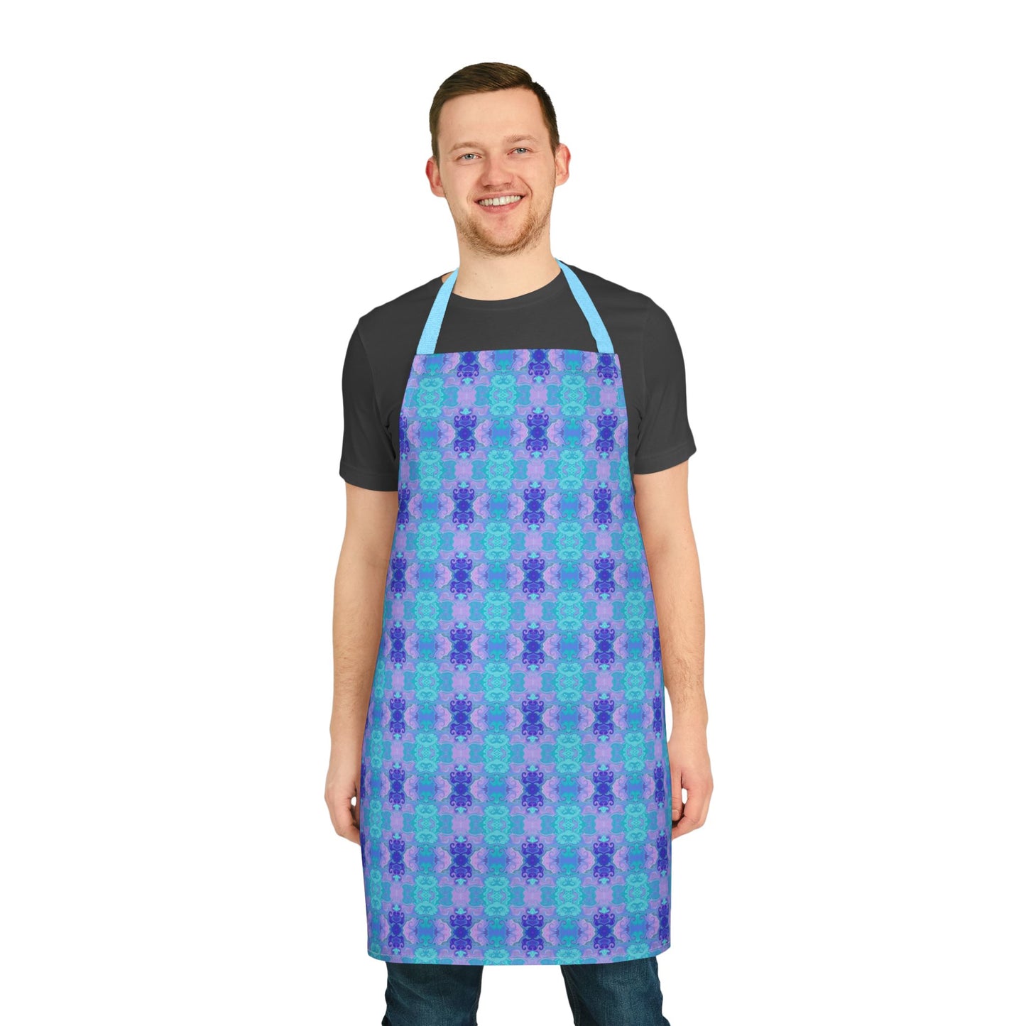 Mosaic Apron — Floral Geometric Kitchen Apron with Light Blue Straps