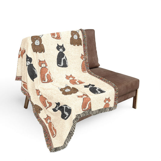 Cozy Cat Pattern Woven Blanket — Repeating Kitten Throw for Living Room & Gifts