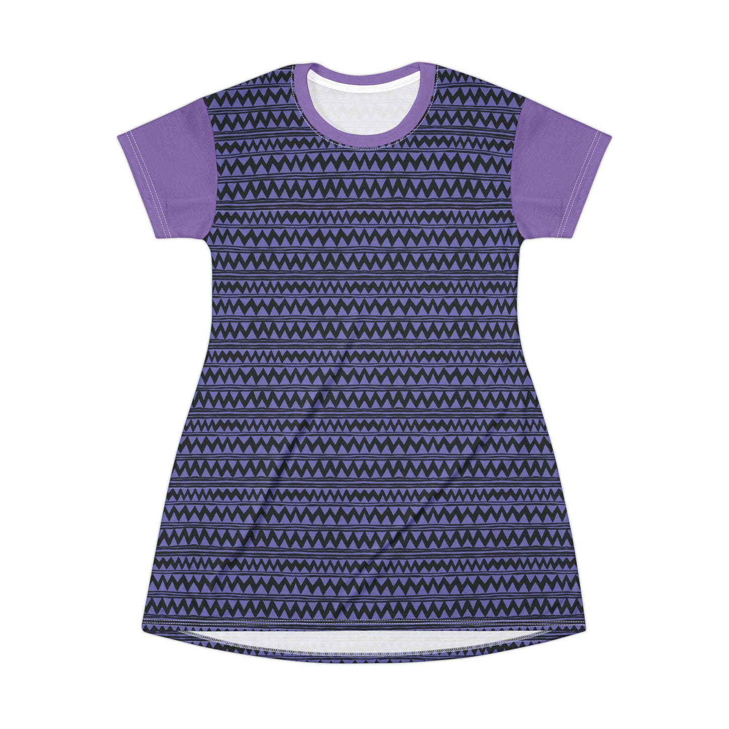 Purple Tribal Stripe T-Shirt Dress — Geometric AOP Casual Dress