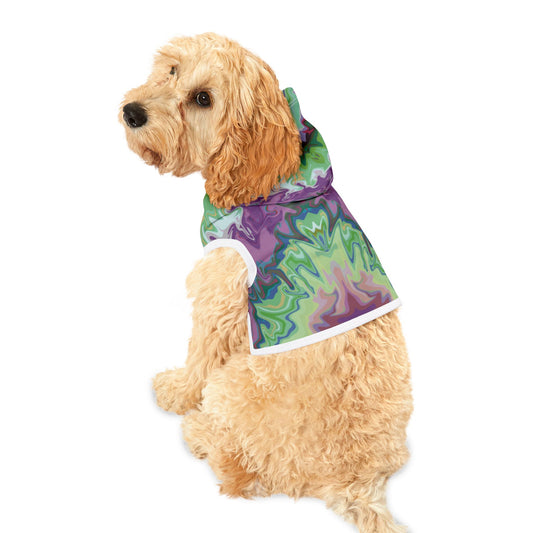 Kaleidoscope Pet Hoodie — Abstract Green & Purple Tie-Dye Print Hooded Dog Coat