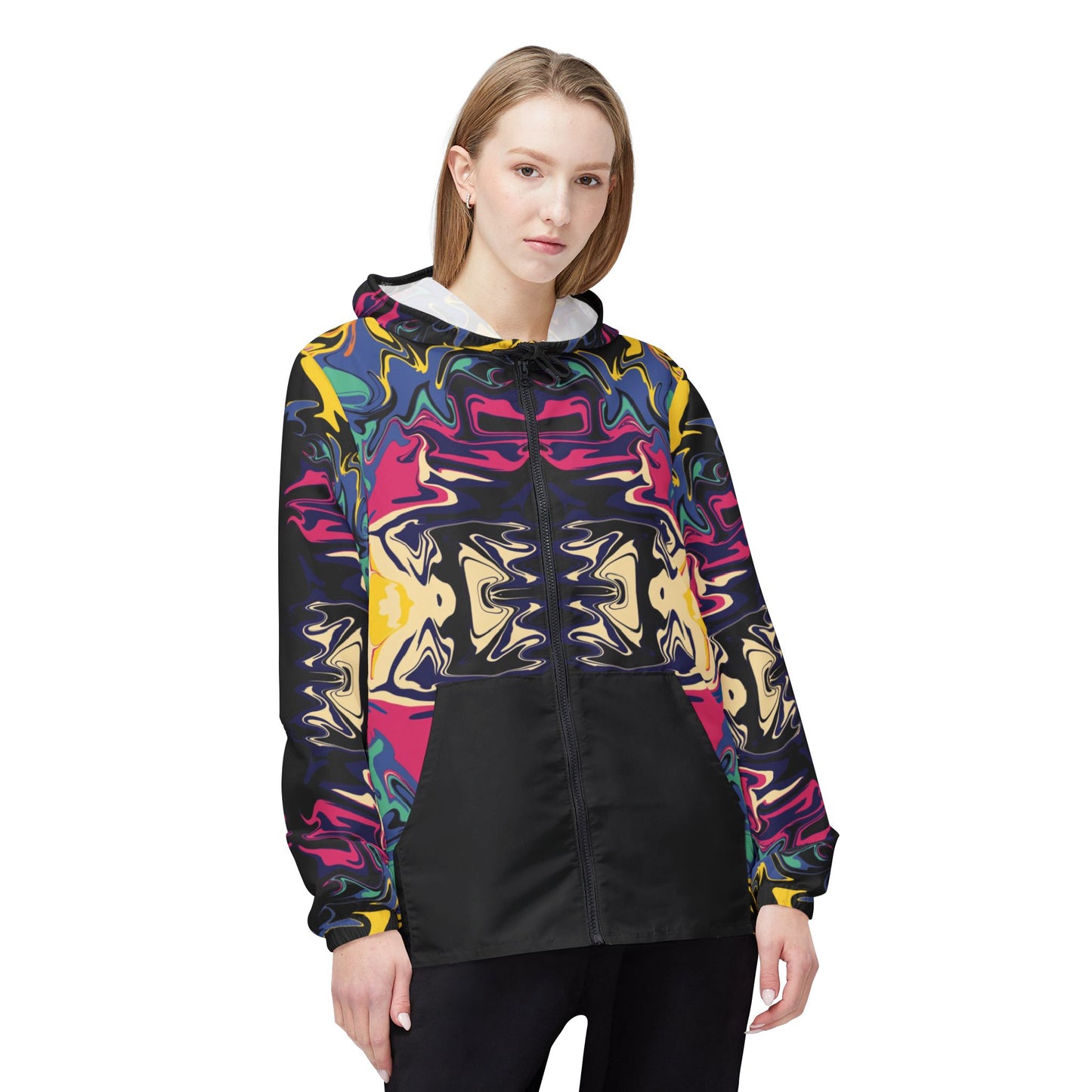 Psychedelic Kaleidoscope Windbreaker Jacket — Bold Abstract Pattern with Black Pockets