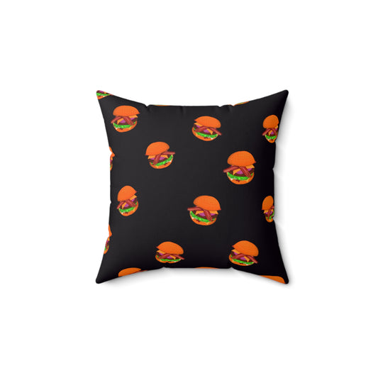 Burger Pattern Pillow — Decorative Square Throw Pillow with Retro Cheeseburger Print