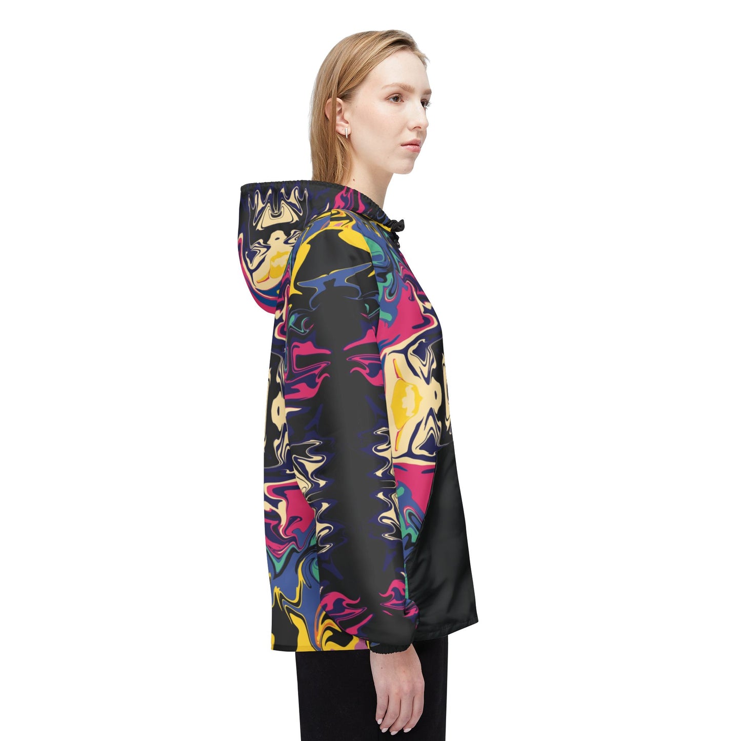 Psychedelic Kaleidoscope Windbreaker Jacket — Bold Abstract Pattern with Black Pockets