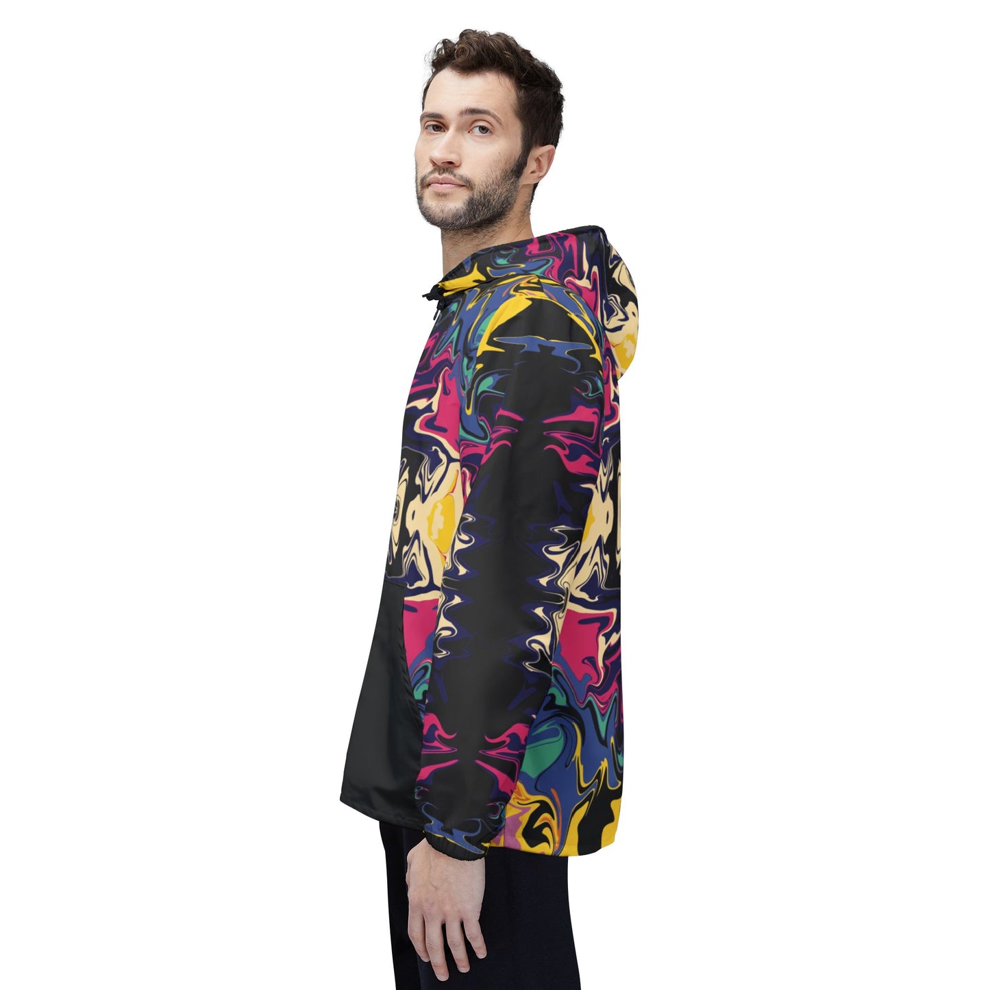 Psychedelic Kaleidoscope Windbreaker Jacket — Bold Abstract Pattern with Black Pockets