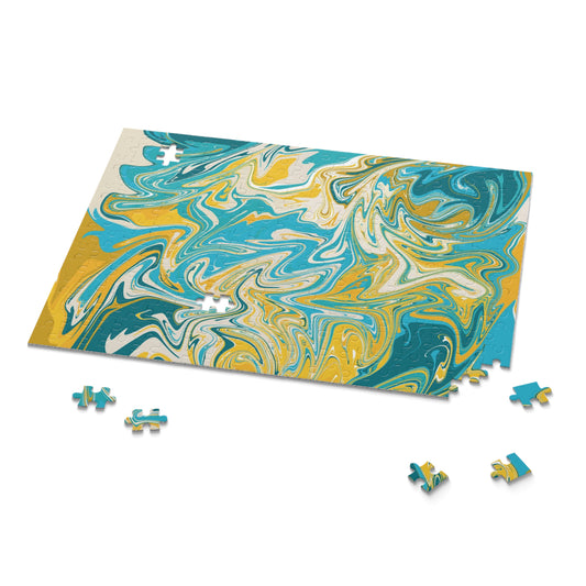 Marbled Aqua & Gold Jigsaw Puzzle — Abstract Swirl Art Puzzle - 120/252/500 pcs