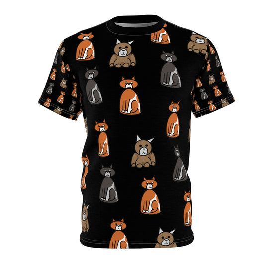Black Cat Pattern Cut & Sew Tee — Cute Orange & Gray Cat All-Over Print