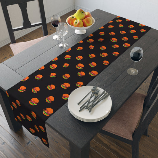 Burger Pattern Table Runner — Fun Black Cotton-Blend Dining Decor