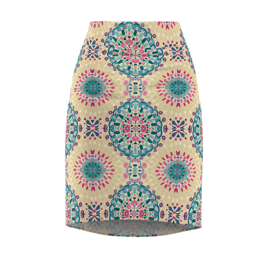 Boho Mosaic Pencil Skirt — Floral Medallion Print