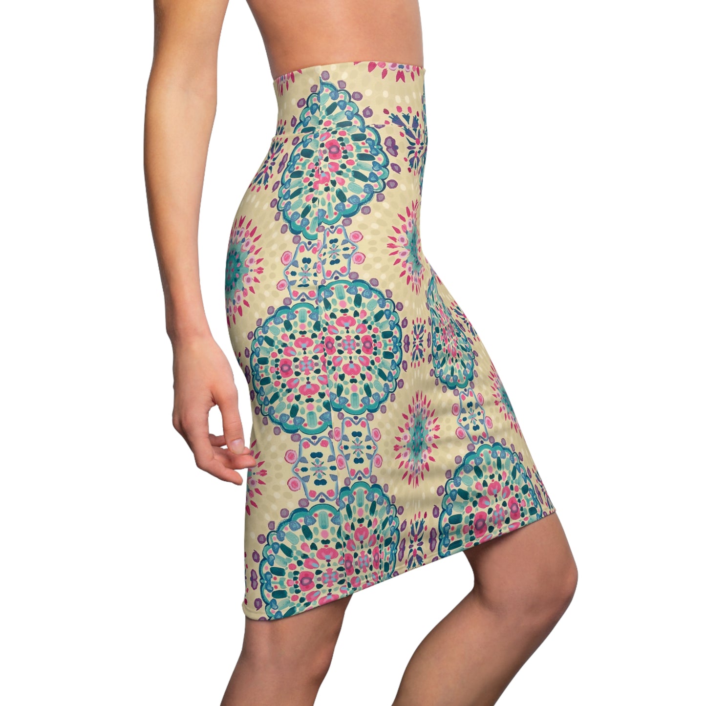 Boho Mosaic Pencil Skirt — Floral Medallion Print