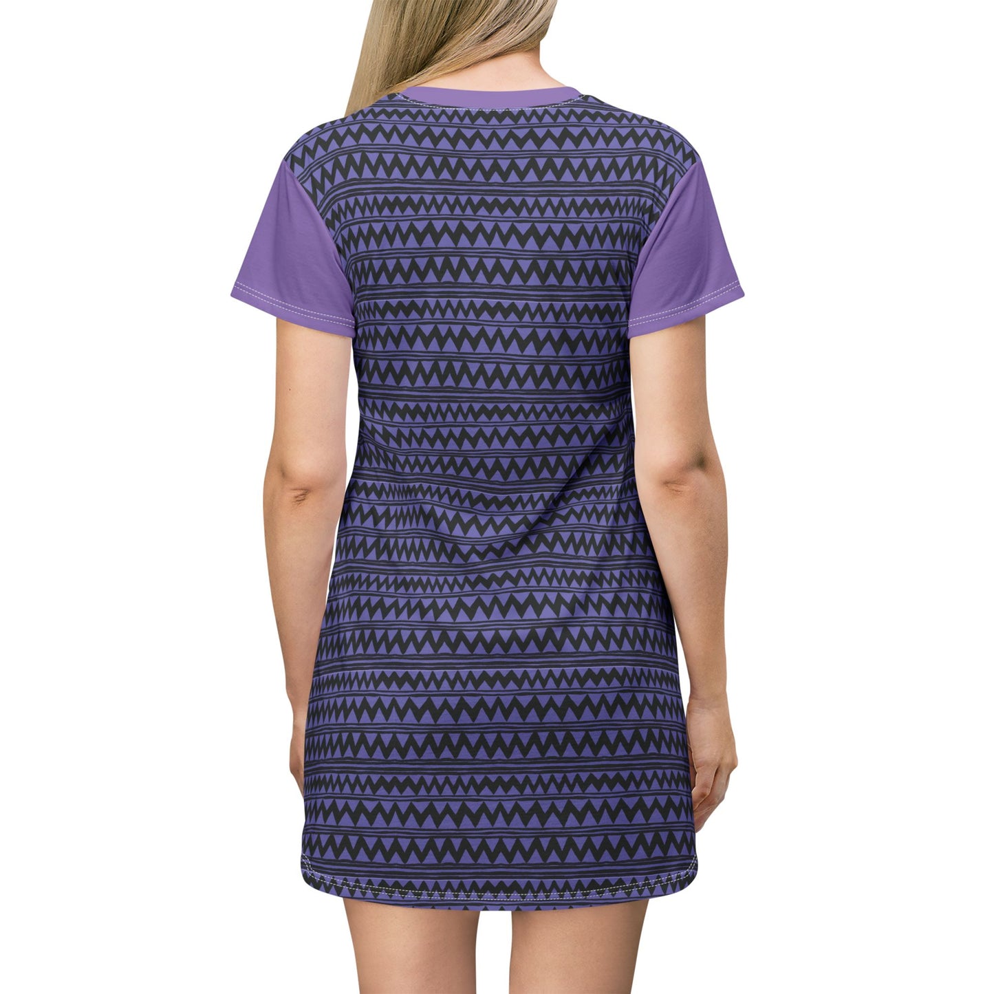 Purple Tribal Stripe T-Shirt Dress — Geometric AOP Casual Dress
