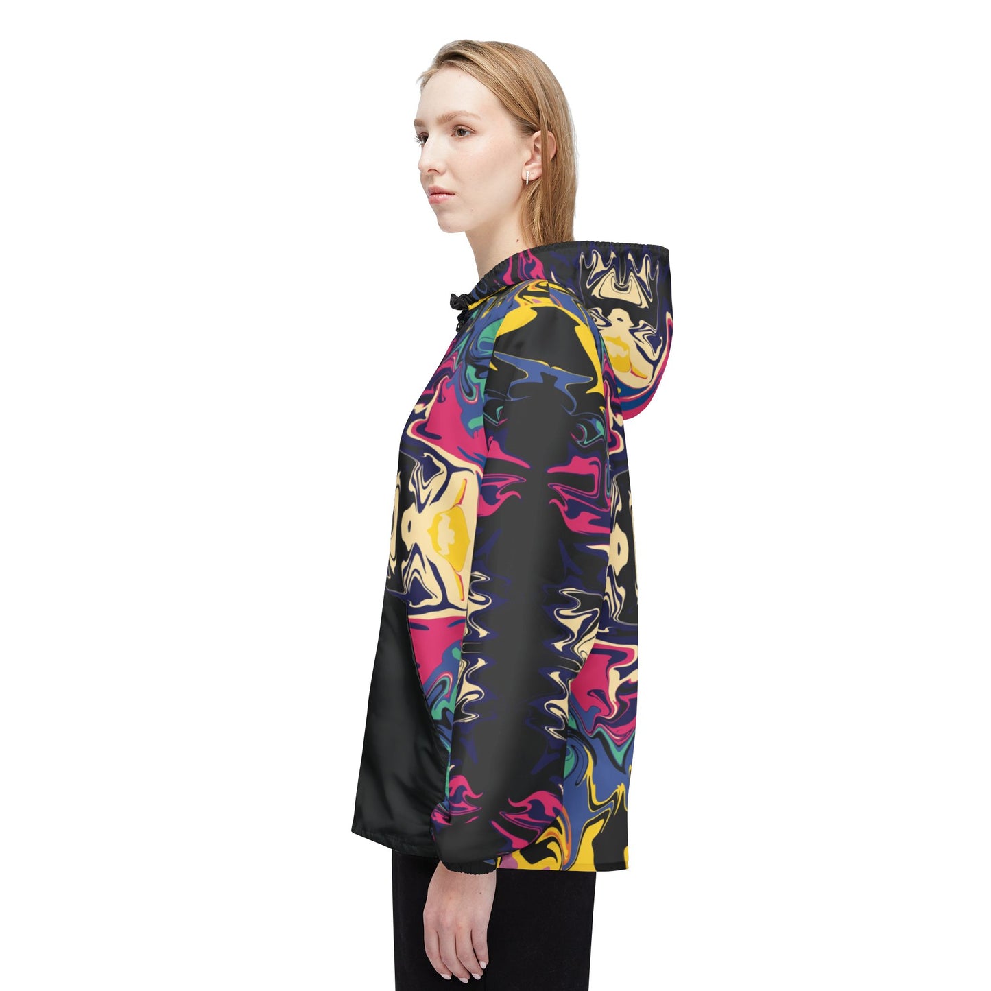 Psychedelic Kaleidoscope Windbreaker Jacket — Bold Abstract Pattern with Black Pockets